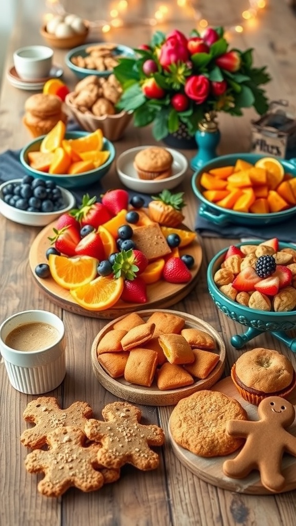 A colorful display of seasonal snacks including fruits, baked goods, and festive decorations on a rustic table.